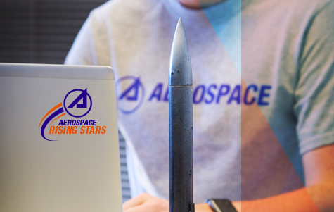 Picture of rising stars logo and a model rocket