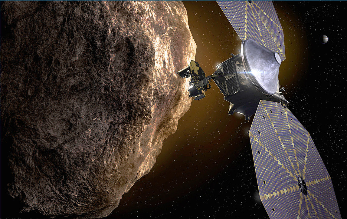 Artist rendering of LUCY satellite exploring a asteroid in space