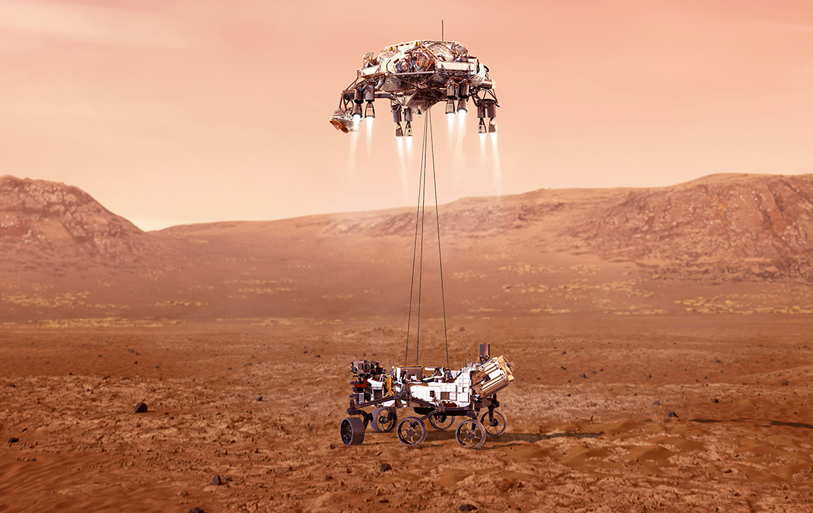 Artist rendering of Perseverance Rover landing on Mars