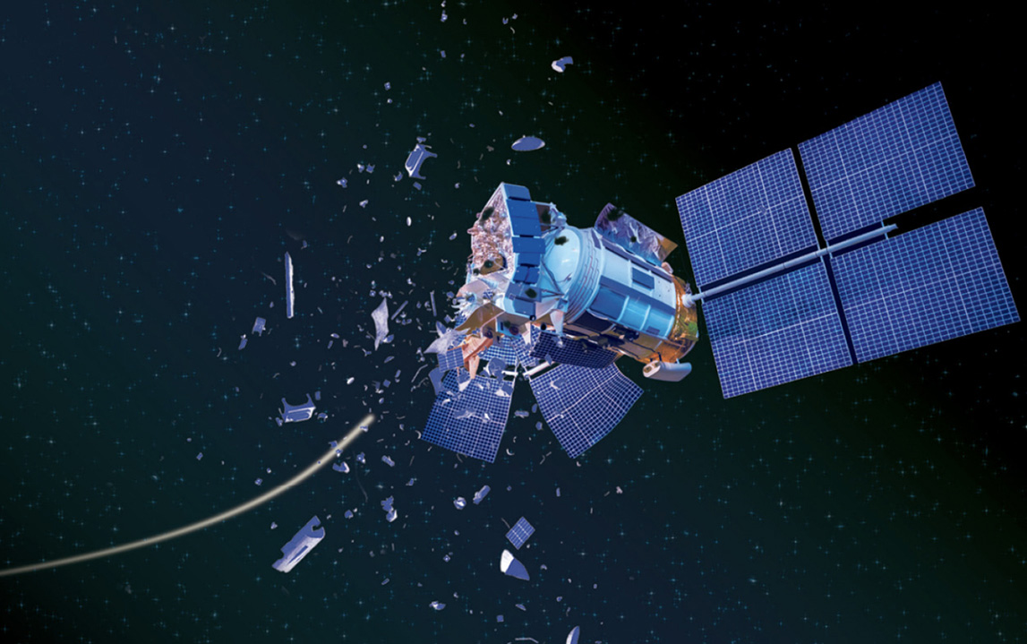 Artist rendering of missile colliding with a satellite in space