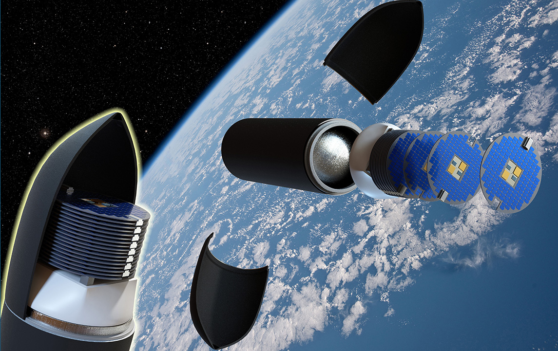 Artist rendering of disk sat's being launched into orbit