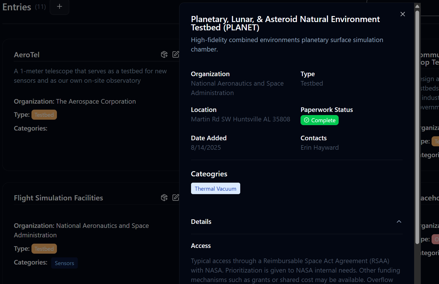ASC-100 database entries