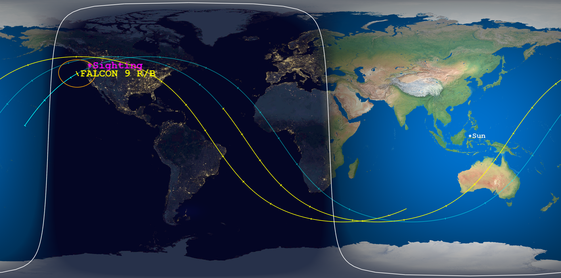 View of reentry sighting compared to central prediction time location.
