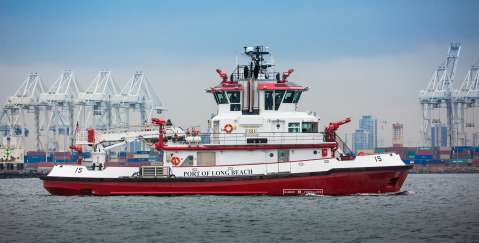 Picture of a fireboat in long beach harbor