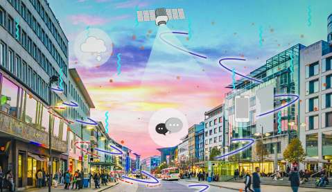 City scene with weather and communications imagery