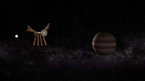 Aerospace’s artist rendering provides a close-up view of the spacecraft flying past the orbit of Jupiter, where it will shed its solar sail panels and fly out towards the solar gravity focal line.