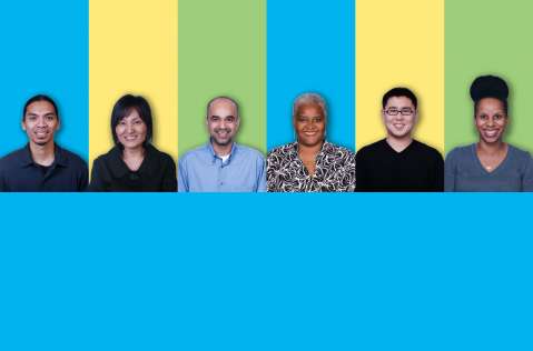 Aerospace employees on colored background