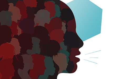 Illustration of many people being voiced by a silhouette of one person