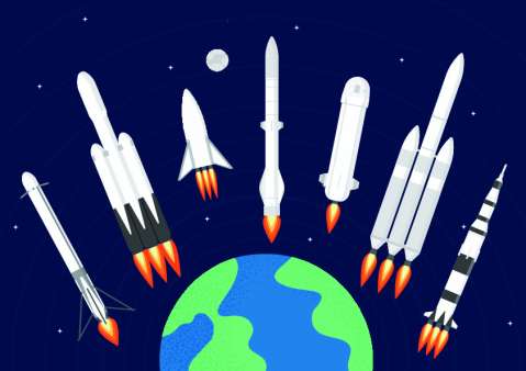 Illustrated large rockets launching from small Earth