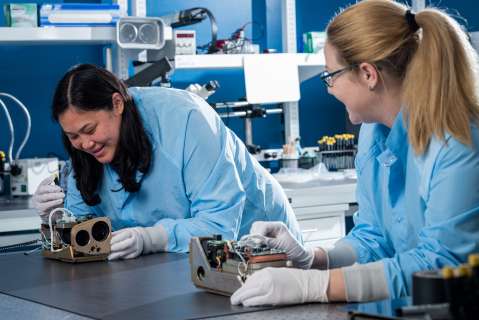 (From left to right) ChrisAnne (Chrissy) Fortuno, Senior Member of the Technical Staff of Mechanical Design and Analysis and Ariel Berman, Research Engineer in Electrical and Software Engineering.