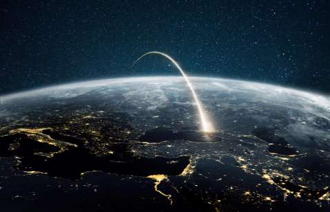 an artist's visualization of a rocket plume arcing over the earth into the stars beyond.