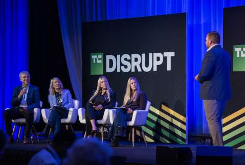 Aerospace's Debra Emmons and other judges on stage at TechCrunch Disrupt 2025.