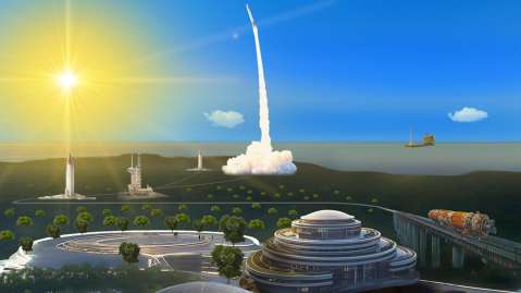 A wide, futuristic illustration of a coastal space launch complex.