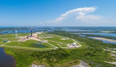 Aerial view of a coastal launch site.