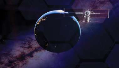 A satellite with extended solar panels orbits Earth's night side, showing illuminated city lights along the planet's surface, with the Moon visible in the background against a starry cosmic backdrop.