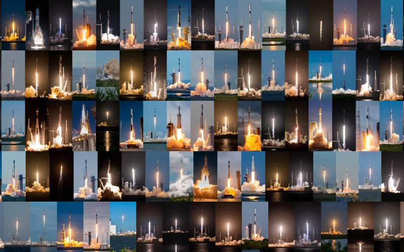 U.S. Space Force graphic compiling images of 93 rockets lifting off of launch pads.