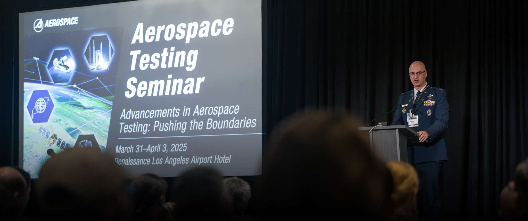 U.S. Space Force Col. Scott Klempner delivers the keynote for the Aerospace Testing Seminar. This event brings engineers together to share their experiences, discover new methods and procedures, and learn how others are coping with designing and implementing cost effective and affordable test programs.