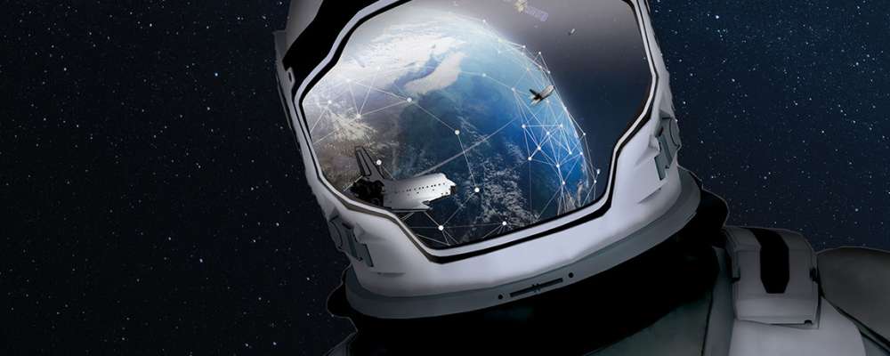 Artist concept of astronaut in space and a reflect of space activity in their visor.