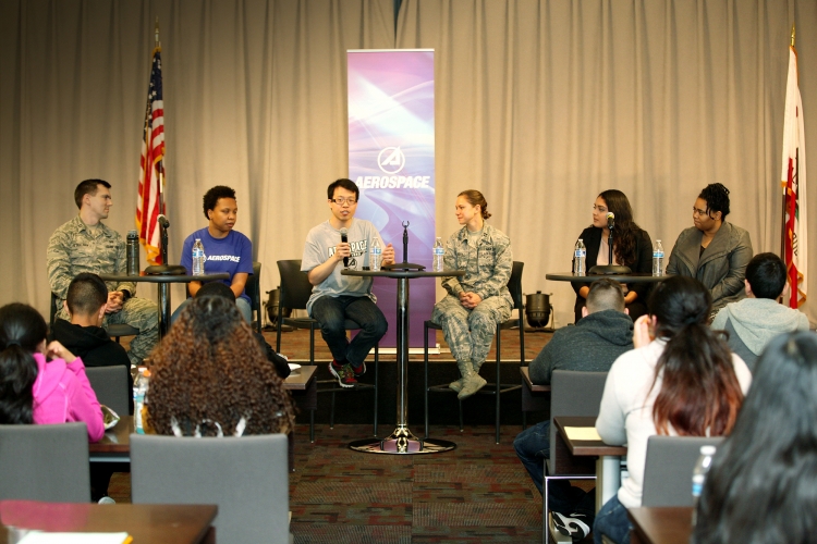 Aerospace and Los Angeles Air Force Base employees share their college experiences with middle-schoolers on a weekend STEM tour of Aerospace.