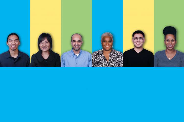 Aerospace employees on colored background