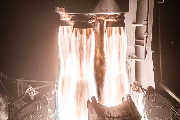 Close up view of rocket engines and fire plumes as Firefly Aerospace’s Alpha rocket lifts off for launch.