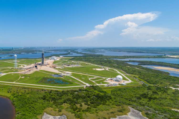 Aerial view of a coastal launch site.