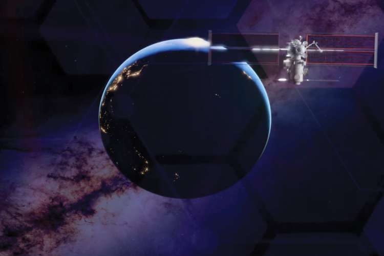 A satellite with extended solar panels orbits Earth's night side, showing illuminated city lights along the planet's surface, with the Moon visible in the background against a starry cosmic backdrop.