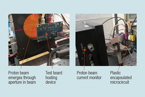 Proton radiation of circuit board and microcircuit test setups