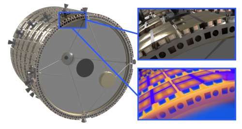 APPLE’s unique design combines a radioisotope source and energy storage capability in scalable, flat “power tiles” that can be attached to the body of a spacecraft. This power tile is made of a sandwich of batteries covering a hot isotope layer. The heat is converted to energy and stored in the batteries. (Aerospace illustration)