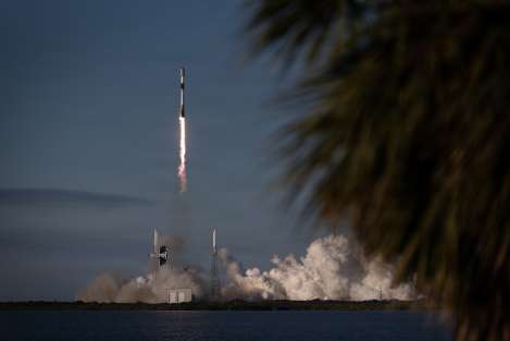 A Falcon 9 rocket carrying lifts off from Space Launch Complex 40 at Cape Canaveral Space Force Station, Florida.