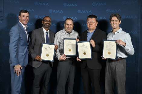 From left: AIAA CEO Clay Mowry with Goyal, Rome, Qu and Shimizu. [Credit: AIAA]