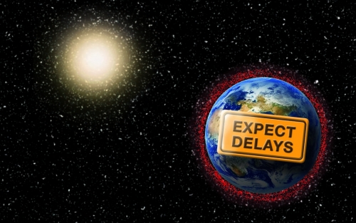 sun, earth, "expect delays" sign