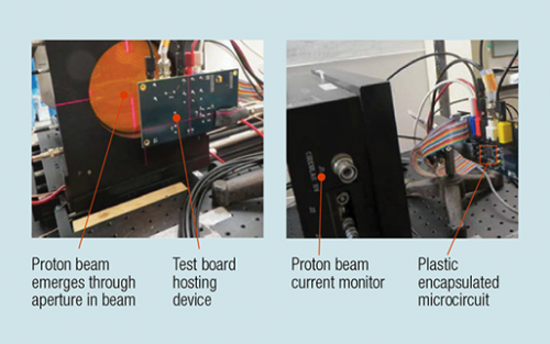 Proton radiation of circuit board and microcircuit test setups