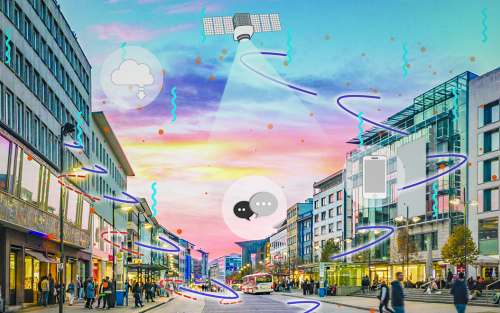City scene with weather and communications imagery