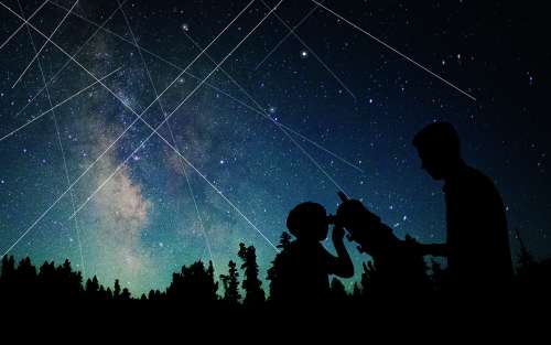 Illustration of streaks of light from satellites across the night sky