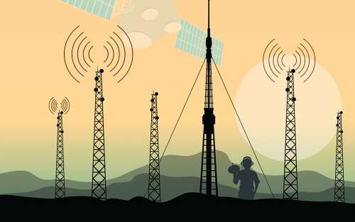 illustration of antenna, a satellite, and a person holding a listening dish