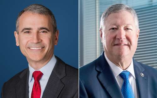 Portraits of Aerospace President and CEO Steve Isakowitz and Board of Trustees Chairman Michael Donley