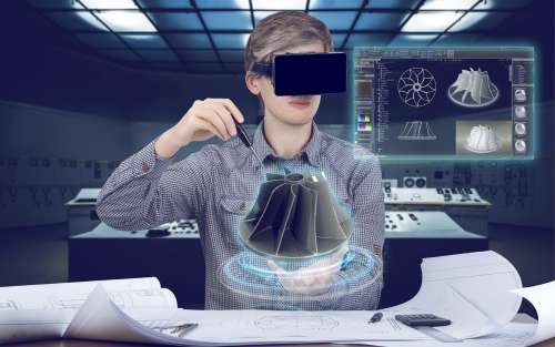 A depiction of future virtual reality tools being used in prototyping.