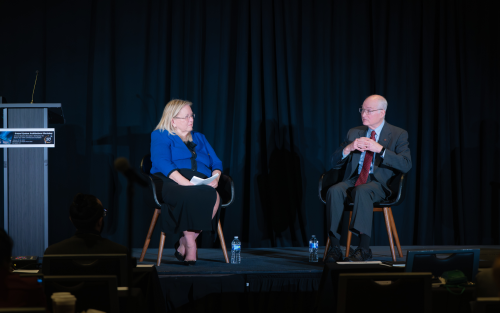 Aerospace’s Marilee Wheaton (left) and Dr. Paul Nielsen, CEO of the Carnegie Mellon University Software Engineering Institute and Major General, USAF (ret.), discussed the importance of innovation, national security, and the future role of advanced technology in maintaining space domain leadership.