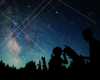 Illustration of streaks of light from satellites across the night sky